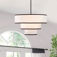 a light fixture hanging from the ceiling in a living room with a potted plant