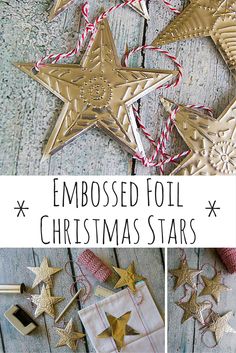 some gold stars are hanging on a wooden table and the words embossed foil christmas stars