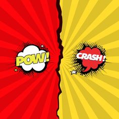 two comic book covers with the words pow and crash written in red, yellow and blue