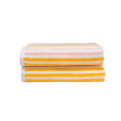 two towels folded on top of each other in yellow and white striped fabric, one with an orange stripe