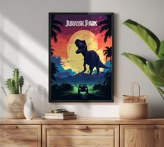 a dinosaur poster is hanging on the wall next to a plant and potted plant