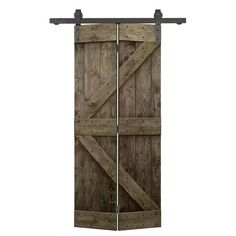 an open wooden door with metal handles