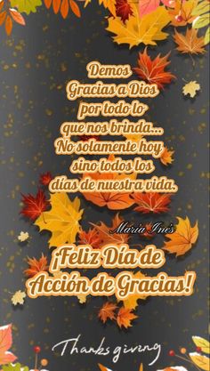 an image of fall leaves with the words happy thanksgiving written in spanish and english on it