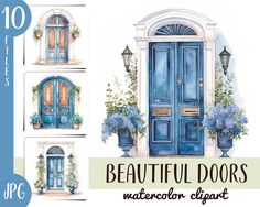 watercolor clipart set of beautiful doors with blue flowers and potted planters