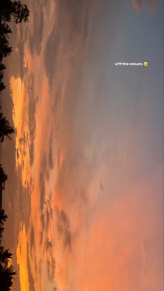 the sun is setting behind some trees and clouds in the sky with an airplane flying overhead