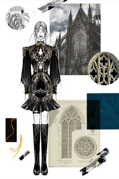 a collage of fashion and architecture with black and white images, including an image of a woman in gothic clothing