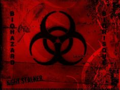 a biohazard red background with the words night stalker written in black on it