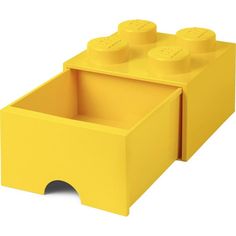 a yellow lego storage box with two separate bins on the bottom and one open