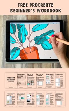 a person is drawing on an ipad with the text, free procreate beginner's workbook