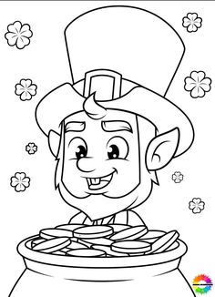 a boy with a pot full of coins and clovers on the ground coloring page