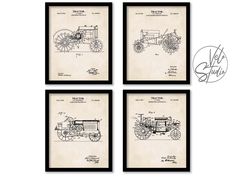 four framed blueprints of an old fashioned tractor