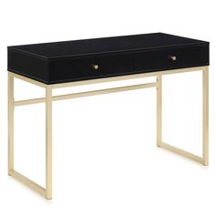 a black and gold desk with two drawers on the top, in front of a white background