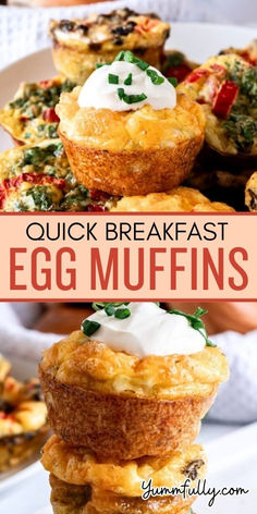 egg muffins with cream cheese and spinach are stacked on top of each other