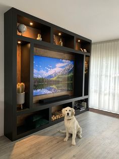 a dog sitting on the floor in front of a large television set with mountains on it