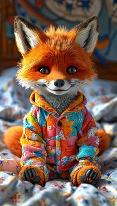 a red fox wearing a colorful jacket sitting on top of a bed