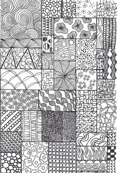 a black and white drawing of many different patterns