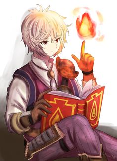 an anime character is reading a book and pointing at the viewer with his finger up