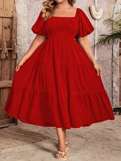 Plus Size Women Holiday Casual Solid Color Bubble Sleeve Elastic Waist Swing Dress For New Year Clothes Red Casual  Short Sleeve Woven Fabric Plain A Line Non-Stretch  Women Plus Clothing, size features are:Bust: ,Length: ,Sleeve Length: Plus Size Simple Dress, Red Dress Outfit Plus Size, Red Dress Plus Size Classy, Short Red Dress Casual, Flowy Red Maxi Dress With Short Sleeves, Elegant Red A-line Sundress, Red A-line Sundress, Casual Red A-line Maxi Dress, Flowy Red Rayon Dress