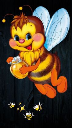 a cartoon bee flying through the air with honey in its hand and bees around it