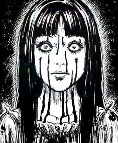 a black and white drawing of a woman's face with blood dripping from her eyes