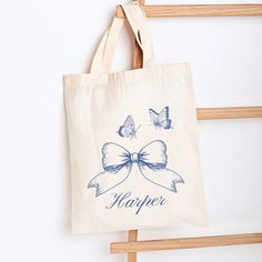 Personalized Blue Coquette Bow and Butterflies - Canvas Tote Bag | Luxy Vibes Custom Tote Bag Aesthetic, Blue Coquette Aesthetic, Blue Coquette, Tote Bag Custom, Butterfly Canvas, Custom Tote Bags