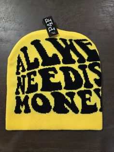 All We Need Is Money beanie cap (other colors available) Aesthetic Beanies, Male Wardrobe, Beanie Cap, Black And Yellow, Skull Cap Beanie, Philadelphia Pa, Skull Cap, Yellow Black, Black N Yellow