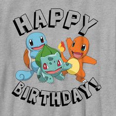 a gray shirt with pokemons on it says happy birthday