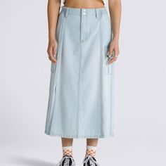 The Sidewalk Denim Maxi Skirt is made with classic cotton denim. 100% Cotton fabric Denim maxi skirt Model wearing size 26 or Small | Vans Sidewalk Denim Maxi Skirt Womens Large Mid-rise Cotton Skirt In Medium Wash, Mid-rise Medium Wash Cotton Skirt, Denim High Waist Maxi Skirt, Medium Wash Full Length Relaxed Denim Skirt, High Rise Relaxed Cotton Skirt, Relaxed Full Length Denim Skirt In Medium Wash, High Waist Denim Maxi Skirt With Relaxed Fit, Denim Blue Midi Skirt With Pockets, High Waist Medium Wash Cotton Denim Skirt