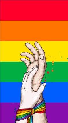 two hands reaching up to each other in front of a rainbow colored background with the colors of gay pride written on it