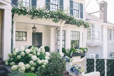 white hydrangeas line the front of a house