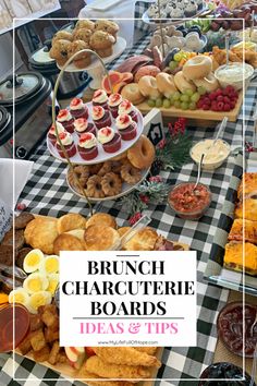 a bunch of food that is on top of a checkered table cloth with the words brunch charlotte boards ideas and tips