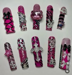 Y2k Junk Nails, Juicy Couture Nails, Emo Nails Acrylic, Monster High Nails, Emo Nails, Gyaru Y2k, Paznokcie Hello Kitty, Zebra Print Nails, Zebra Nails