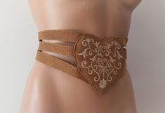 "Vintage Women Wide Genuine Leather Dirndl Belt/High Waist leather Belt/Wide Belt/Trachten Austrian Brown Belt/Cottage Core Belt Brand: GASSNER. Made in Austria. Size: Adjustable.  Label size: 100 cm. All Length of the belt: 99 cm (38.97\").  Heart size: 12 cm (4.72\") Material: genuine leather. Color: tan brown, beige. Embroidered belt, floral print. Heart Shaped Belt. Handcrafted, tooled. Great vintage condition. Rare find." Dirndl, Floral Leather Belt, 60s Belt, Belts Aesthetic, Grad Cap Designs, Style Inspiration Edgy, Embroidered Belt, Whimsical Fashion, Brown Belt