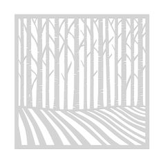 a white wall with trees on it and stripes in the bottom right corner, as well as an image of a bed