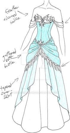 a drawing of a dress that is in blue and has different details on the skirt