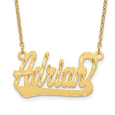 There's nothing more personal than a piece of jewelry with your name on it. This personalized satin, diamond-cut small underlined name necklace is crafted in 14k yellow gold plated sterling silver with a satin, d/c finish and can be customized with up to 9 characters to make this piece of jewelry truly one of a kind. The pendant is approximately 13 mm (about 1/2 inch) in height and the width of a 6 character pendant is approximately 32 mm (about 1 inch). The name plate is a more sturdy 0.69 mm i White Gold Chains, Bow Jewelry, Gold Satin, Yellow Gold Chain, Jewelry Companies, Black Bow, Gold Plated Silver, Name Plate, Gold Plated Sterling Silver