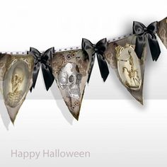 an image of a happy halloween banner with skulls and skeletons hanging from it's sides