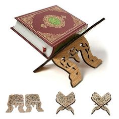 the wooden book stand has four pieces of wood cut out of it to look like elephants