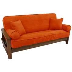 a red couch sitting on top of a wooden frame