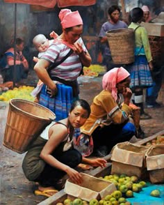 an oil painting of people selling fruit