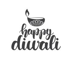 happy diwali greeting card with hand drawn lettering and decorative bowl on white background