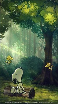 snoopy is sitting on a log in the woods with yellow leaves flying around him