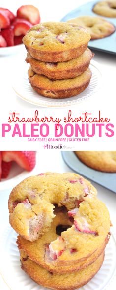 strawberry shortcake paleo donuts are stacked on top of each other with one bite taken out