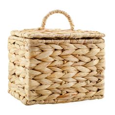 a large woven basket with handles on the top and bottom, sitting in front of a white background