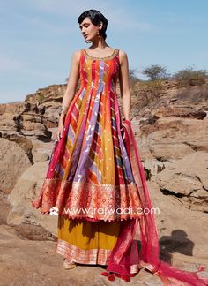 Multi Colored Muslin Silk Anarkali Palazzo Suit... Salwar Designs, Palazzo Suit