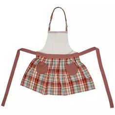 an apron is hanging from the back of a child's apron, which has a red and white plaid pattern on it