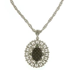 Measurements: 16"L x 1.3"W x 2.25"H Filigree Pendant Necklace, Oval Pendant Necklace, Black Diamond Jewelry, 1928 Jewelry, Vintage Inspired Jewelry, Filigree Pendant, Swarovski Crystal Earrings, Black Jewelry, Oval Pendant