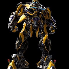 a yellow and black robot standing in the dark