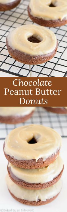 chocolate peanut butter donuts are stacked on top of each other and have frosting