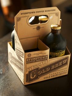 two coffee bottles in a box on a table